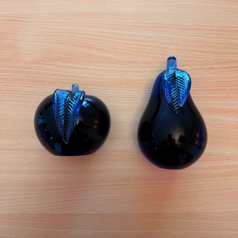 Alfredo Barbini Murano Somerso Glass Apple Pear Bookends Blue Italy 1955 Pair